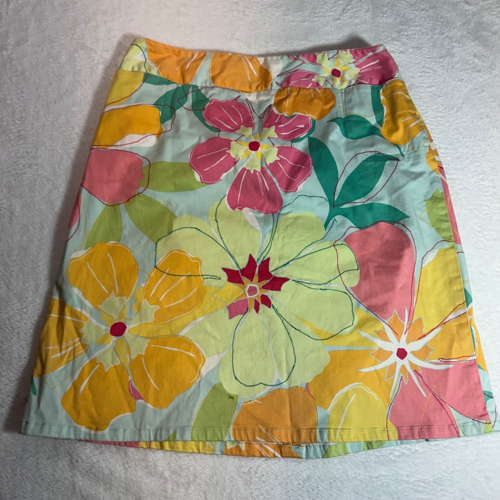 Talbots Floral A-Line Skirt Womens 10 Tropical Hibiscus Stretch Cotton Aqua Pink